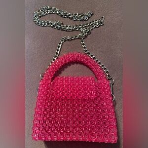 Vibrant Pink Beaded Mini Bag with Silver Chain